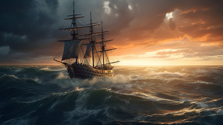 Sailing ship in the sea at sunset. 3d render illustration.generative  aiの素材