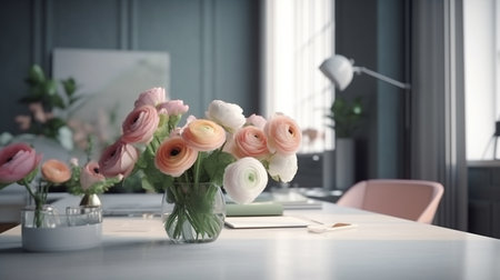 modern office interior with a large window and a table.generative aiの素材