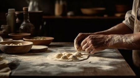 Hands of a man kneading dough on a wooden table.generative aiの素材