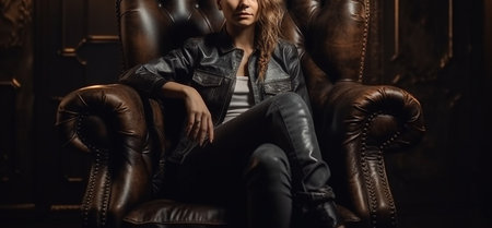 Beautiful fashionable woman sitting on a leather armchair.generative aiの素材