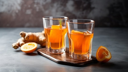 Carrot juice in a glass with mint leaves on a gray background.generative aiの素材