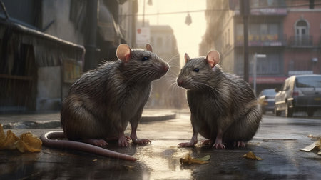 Two rats in the rain on the street in the early morning.generative aiの素材
