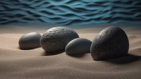 Stones in sand on the beach at sunset. generative aiの素材