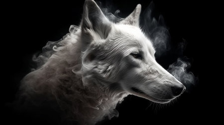 Portrait of a white Swiss Shepherd dog with smoke on a black background.generative aiの素材