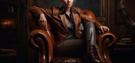 Beautiful fashionable woman sitting on a leather armchair.generative aiの素材