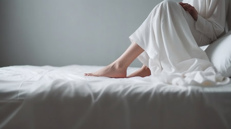 Close up of woman legs on bed in the morning with soft light.generative aiの素材