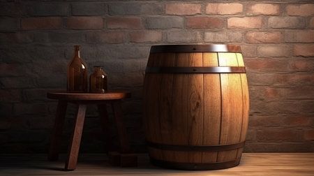 wooden barrel in front of a brick wall.generative aiの素材