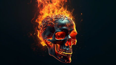 Human skull burning in fire, halloween concept.generative aiの素材
