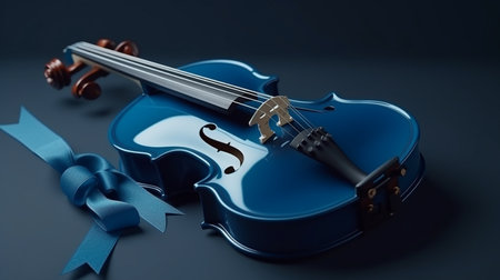 Violin and bow on a blue background.generative aiの素材