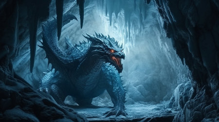 fantasy dragon in a cave with blue light.generative aiの素材