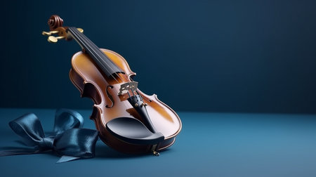 Violin and bow on a blue background.generative aiの素材