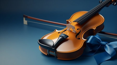 Violin and bow on a blue background.generative aiの素材