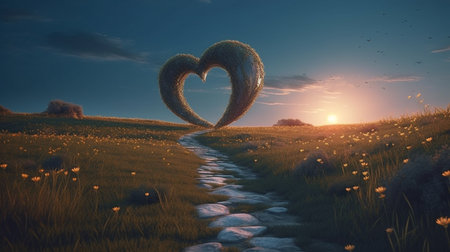 A road in the middle of a field with trees and a moon.generative aiの素材