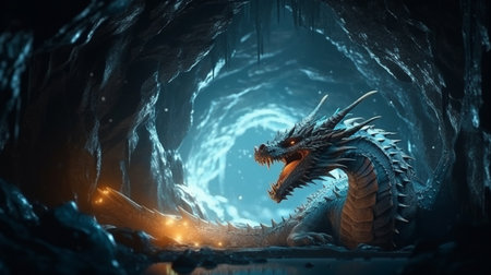 fantasy dragon in a cave with blue light.generative aiの素材