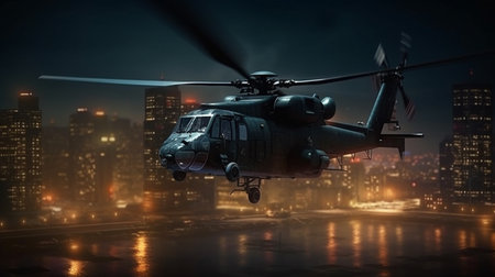 A helicopter flies over a city at night.generative aiの素材