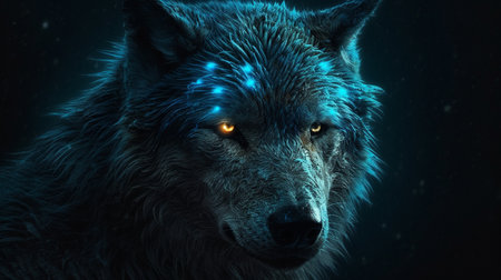 Portrait of a wolf with blue eyes on a black background.generative aiの素材