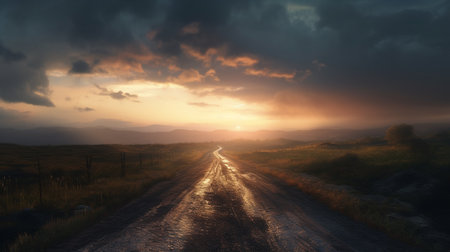 Dramatic sunrise over a country road in the countryside,generative aiの素材