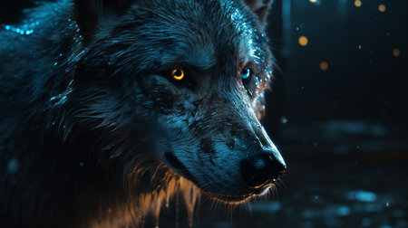 Portrait of a wolf with blue eyes on a black background.generative aiの素材