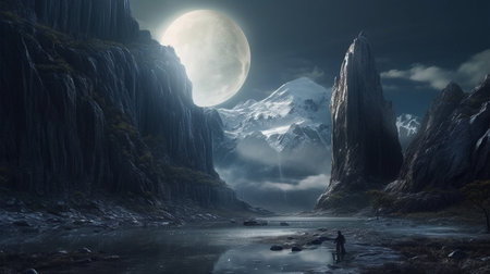 landscape with moon.generative aiの素材