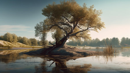 Lonely tree on a rock in the lake.generative aiの素材