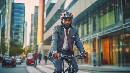 Portrait of a handsome african american businessman in suit with bicycle in the city.generative aiの素材