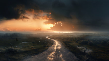 Dramatic sunrise over a country road in the countryside,generative aiの素材