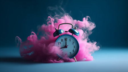 Alarm clock with pink smoke on blue background.generative aiの素材