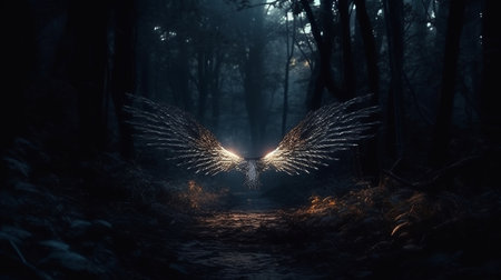 Fantasy night landscape with pathway through the forest. generative aiの素材