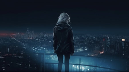 A woman stands on a balcony looking at a night sky.generative aiの素材