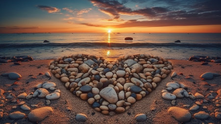 Heart made of stones on the seashore at sunset.generative aiの素材
