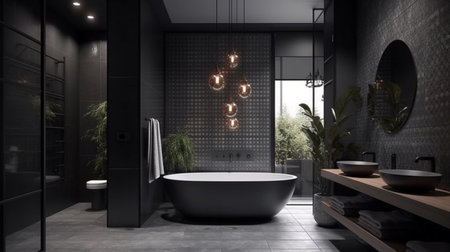 Corner of modern bathroom with black and white marble walls, concrete floor, comfortable white bathtub and double sink. generative aiの素材