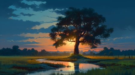 Night landscape with a lonely tree and a path in the field. generative aiの素材