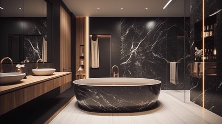 Corner of modern bathroom with black and white marble walls, concrete floor, comfortable white bathtub and double sink. generative aiの素材