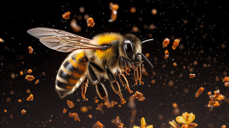 Macro shot of a bee collecting pollen on a black background.generative aiの素材
