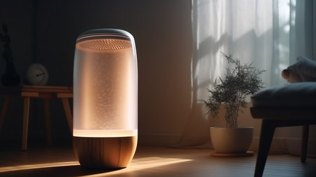 A steam air purifier in a dark room with a window behind it.generative aiの素材