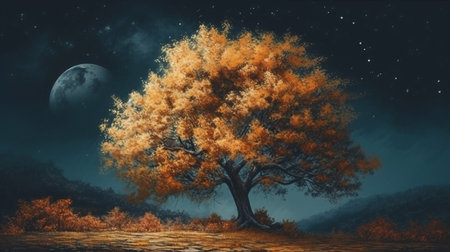 Autumn landscape with a big tree and full moon.generative aiの素材