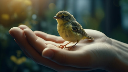 A bird sits on a hand.generative aiの素材