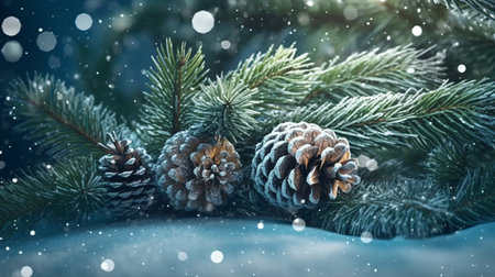 Christmas and New Year background with fir branches, pine cones and snow.generative aiの素材