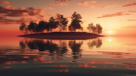 Sunset over a lake with trees reflected in water.generative aiの素材