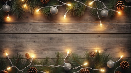 Christmas background with fir tree branches and lights garland on wooden board.generative aiの素材