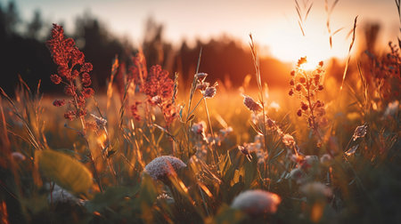 A field of flowers by a lake with the sun setting behind it.generative aiの素材