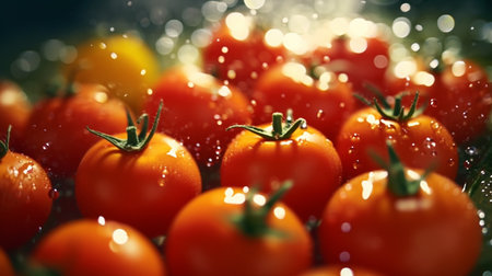 Ripe red tomatoes with drops of water on a dark background..generative aiの素材