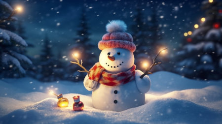 Snowman with red scarf and snowflake. Christmas and New Year concept.generative aiの素材