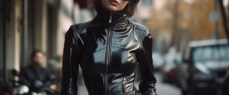 cropped view of woman in leather jacket sitting on motorcycle on street.generative aiの素材