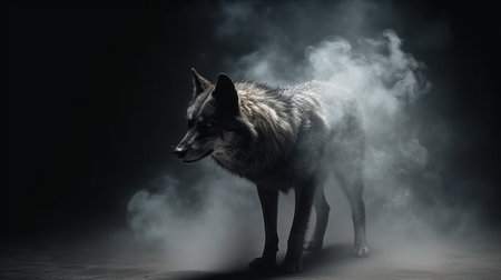 Portrait of a wolf on a black background with smoke and fog.generative aiの素材