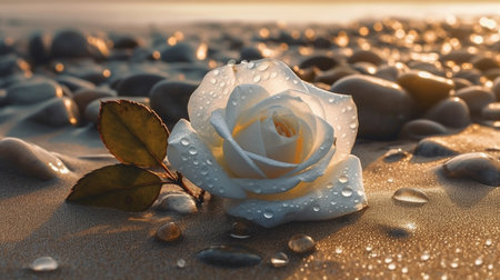 A white rose sits on a pebble beach in the evening.generative aiの素材