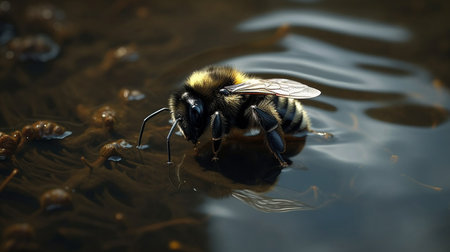 Bee on the surface of the water. Shallow depth of field.generative aiの素材