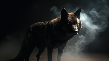 Portrait of a wolf on a black background with smoke and fog.generative aiの素材