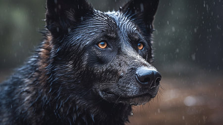 Portrait of a wolf in the rain, close-up.generative aiの素材