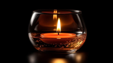 Burning candle in a glass on a black background with reflection.generative aiの素材